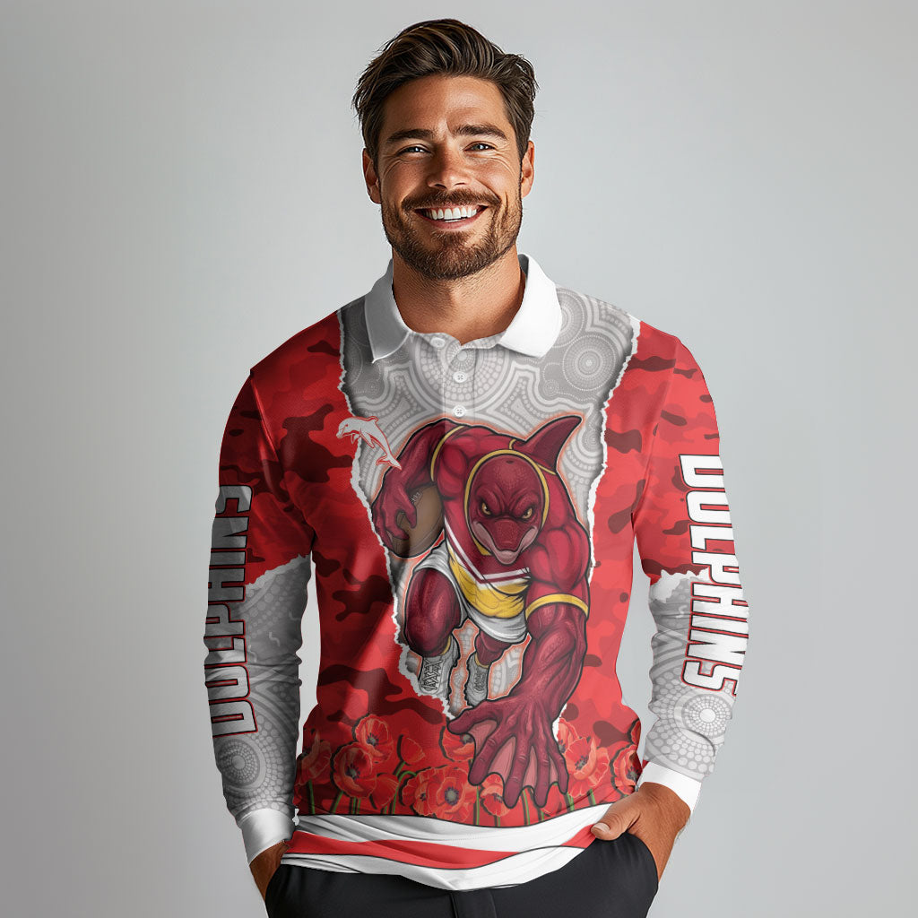 Personalized Dolphins ANZAC Tribute Long Sleeve Polo Shirt Poppy Field Soldier Silhouette Aboriginal Rugby Mascot