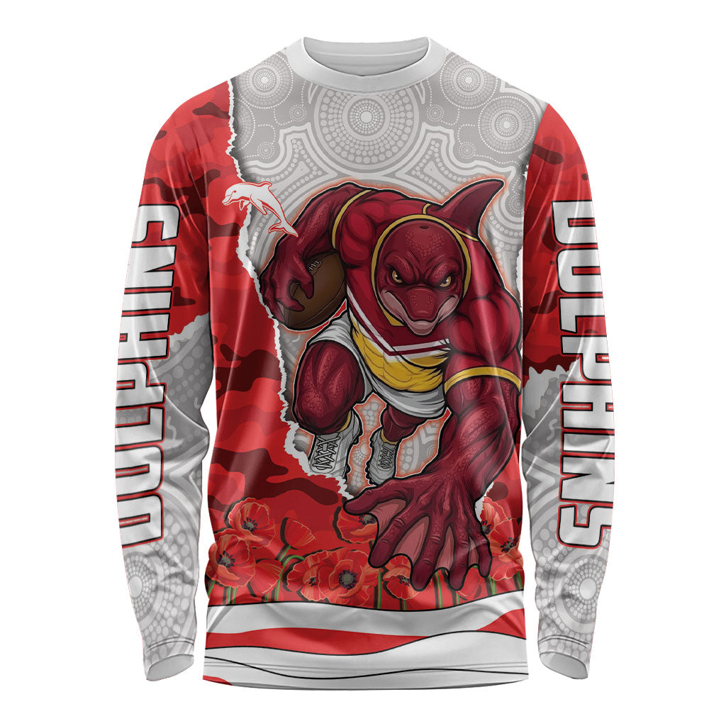 Personalized Dolphins ANZAC Tribute Long Sleeve Shirt Poppy Field Soldier Silhouette Aboriginal Rugby Mascot