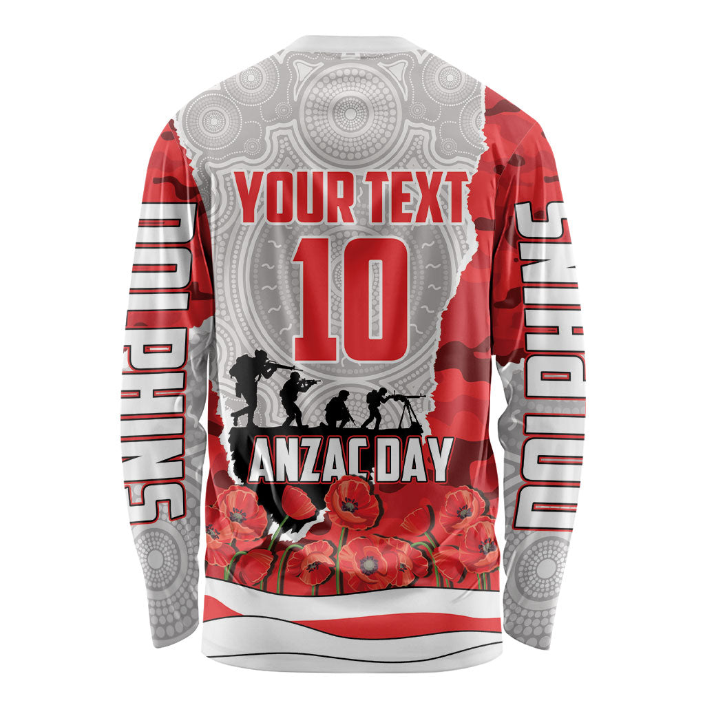 Personalized Dolphins ANZAC Tribute Long Sleeve Shirt Poppy Field Soldier Silhouette Aboriginal Rugby Mascot
