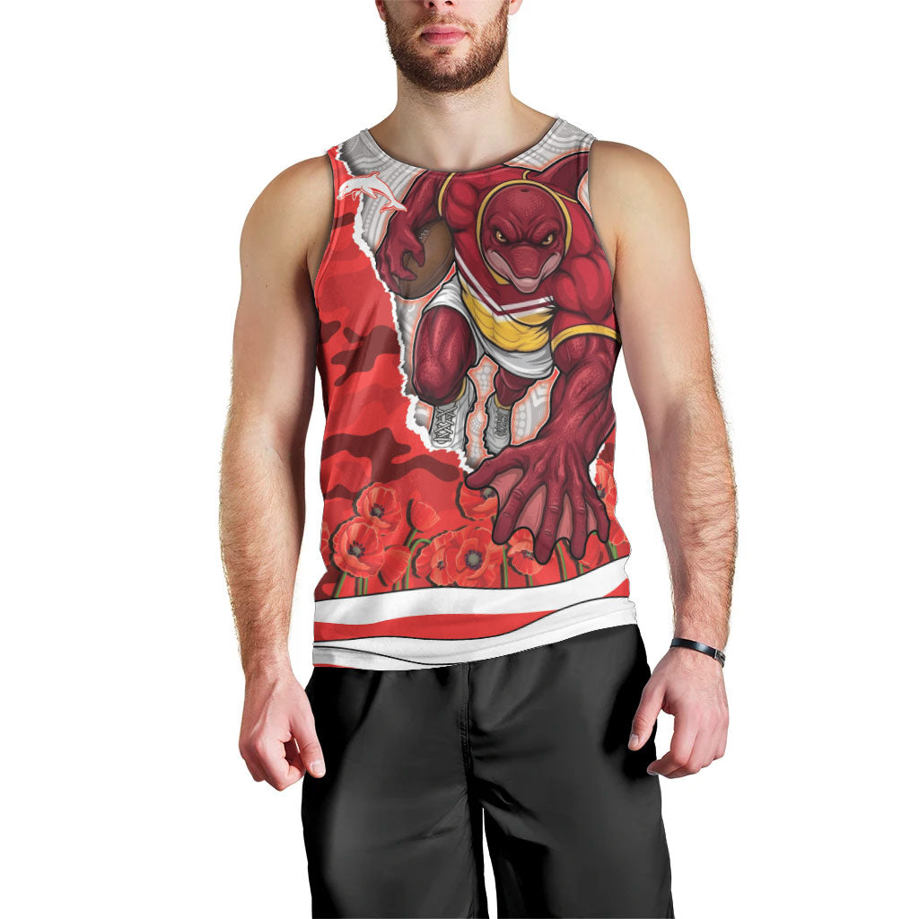 Personalized Dolphins ANZAC Tribute Men Tank Top Poppy Field Soldier Silhouette Aboriginal Rugby Mascot