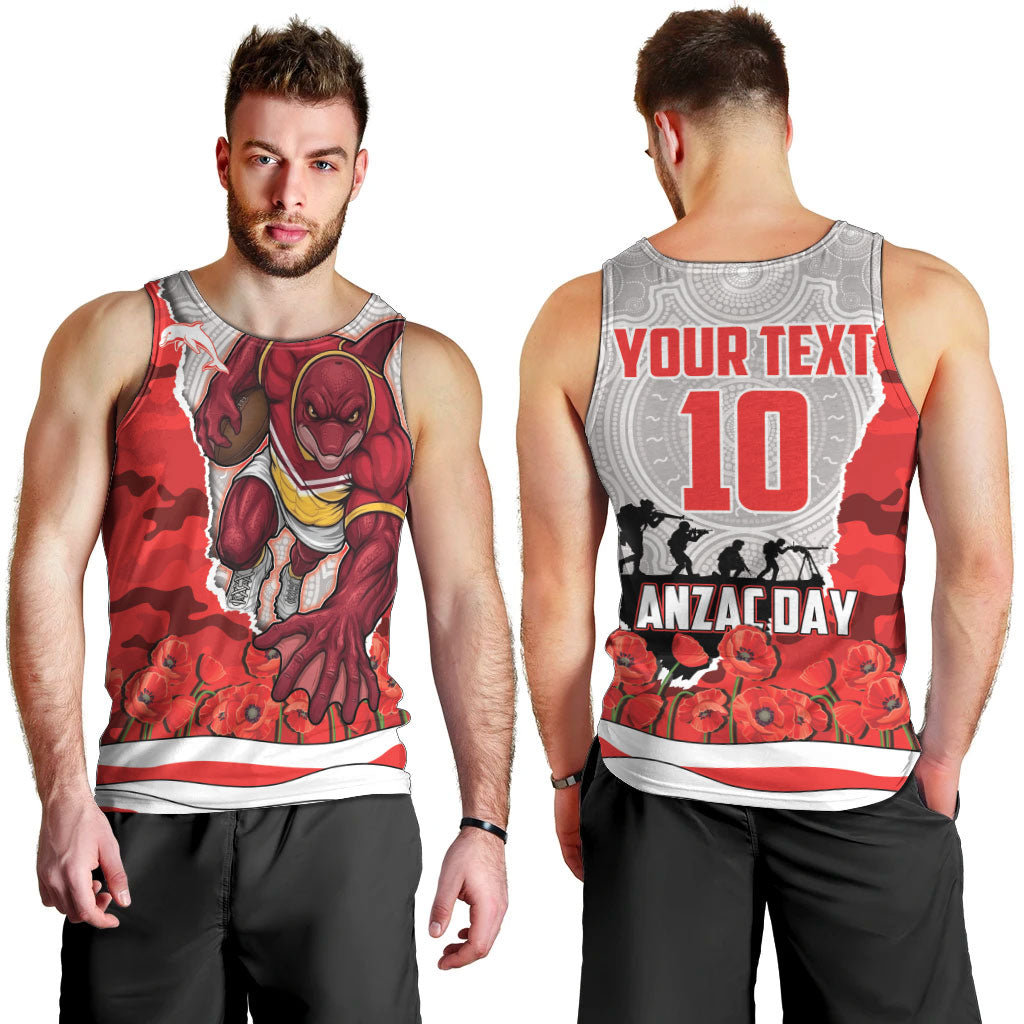 Personalized Dolphins ANZAC Tribute Men Tank Top Poppy Field Soldier Silhouette Aboriginal Rugby Mascot