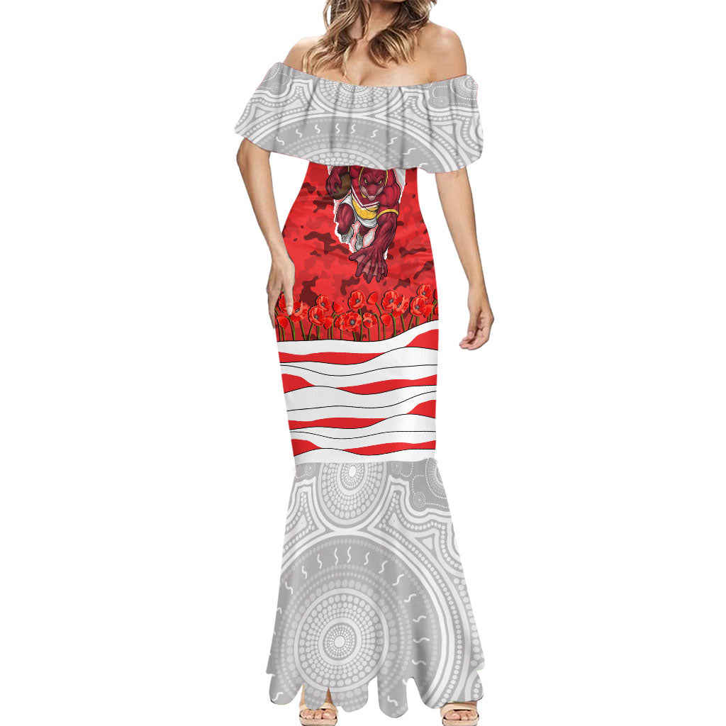 Personalized Dolphins ANZAC Tribute Mermaid Dress Poppy Field Soldier Silhouette Aboriginal Rugby Mascot
