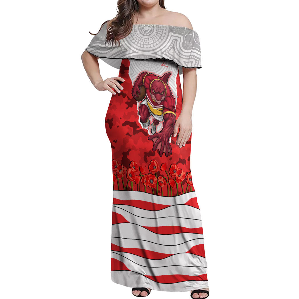 Personalized Dolphins ANZAC Tribute Off Shoulder Maxi Dress Poppy Field Soldier Silhouette Aboriginal Rugby Mascot
