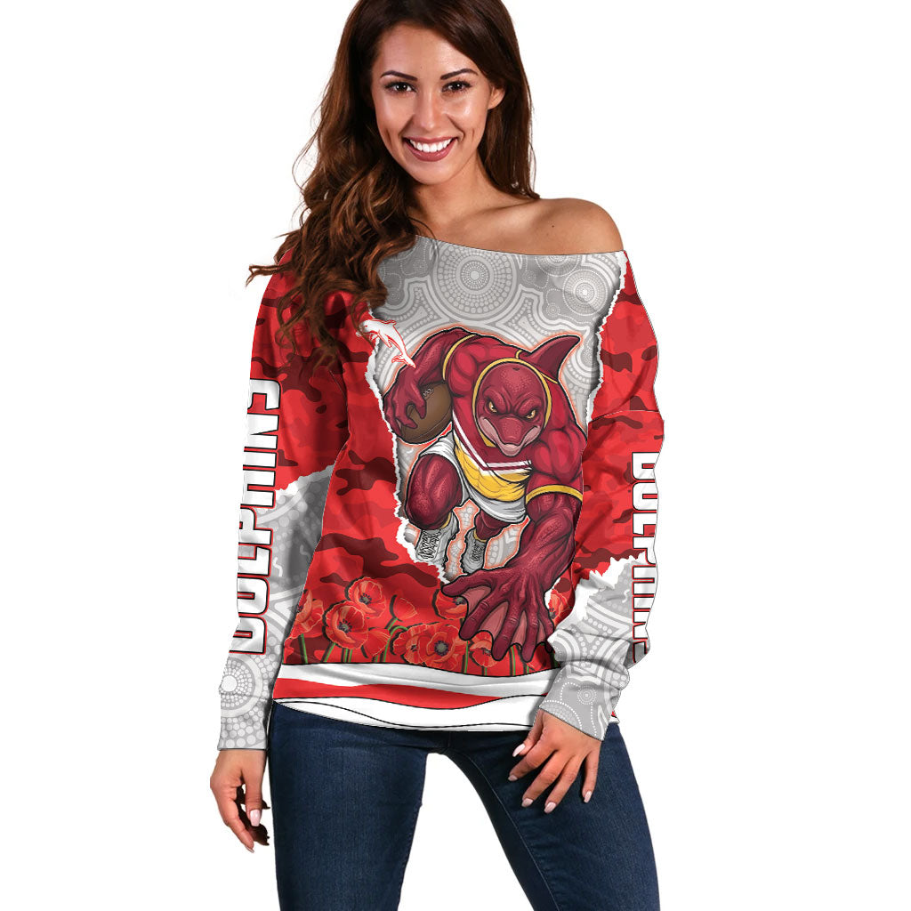 Personalized Dolphins ANZAC Tribute Off Shoulder Sweater Poppy Field Soldier Silhouette Aboriginal Rugby Mascot