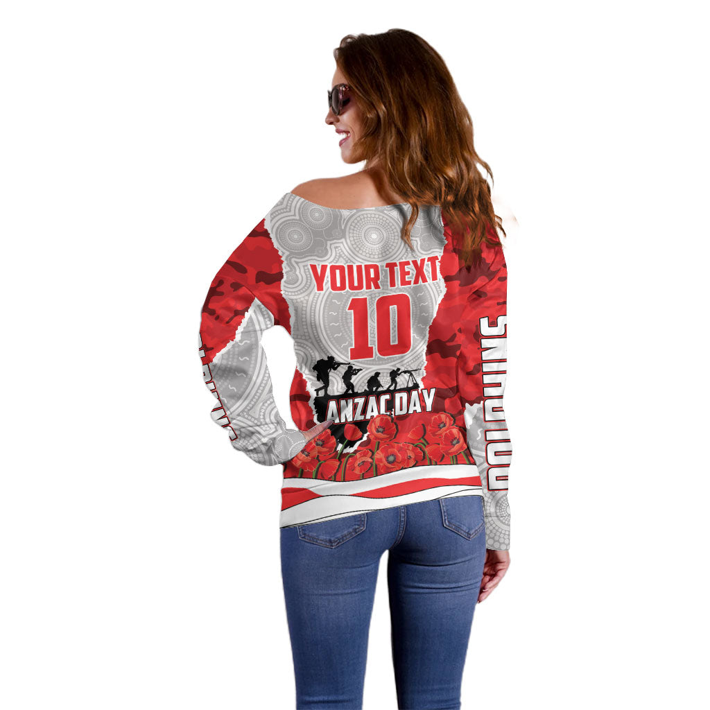 Personalized Dolphins ANZAC Tribute Off Shoulder Sweater Poppy Field Soldier Silhouette Aboriginal Rugby Mascot