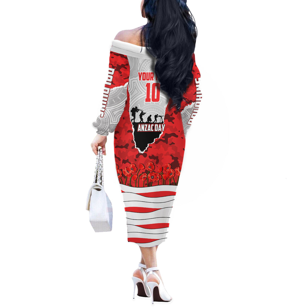 Personalized Dolphins ANZAC Tribute Off The Shoulder Long Sleeve Dress Poppy Field Soldier Silhouette Aboriginal Rugby Mascot