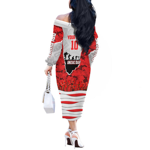 Personalized Dolphins ANZAC Tribute Off The Shoulder Long Sleeve Dress Poppy Field Soldier Silhouette Aboriginal Rugby Mascot