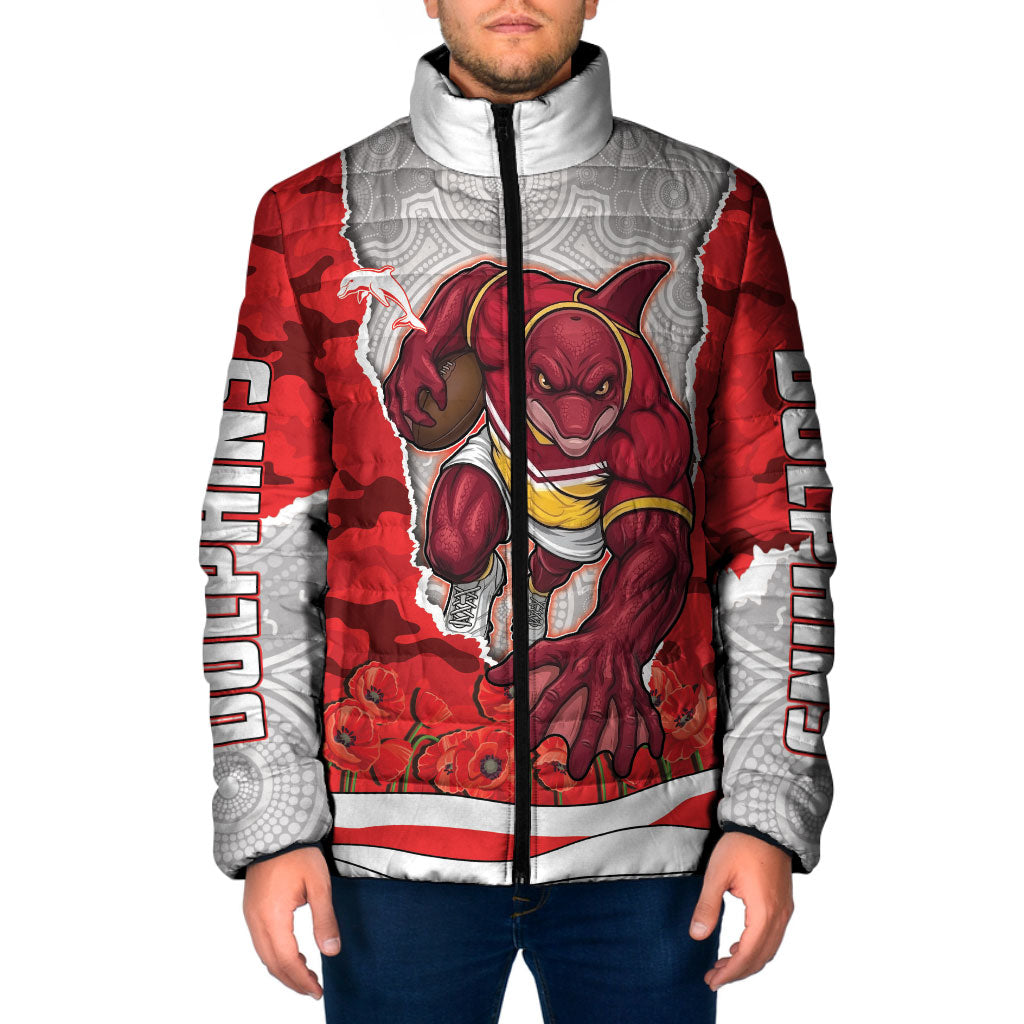 Personalized Dolphins ANZAC Tribute Padded Jacket Poppy Field Soldier Silhouette Aboriginal Rugby Mascot