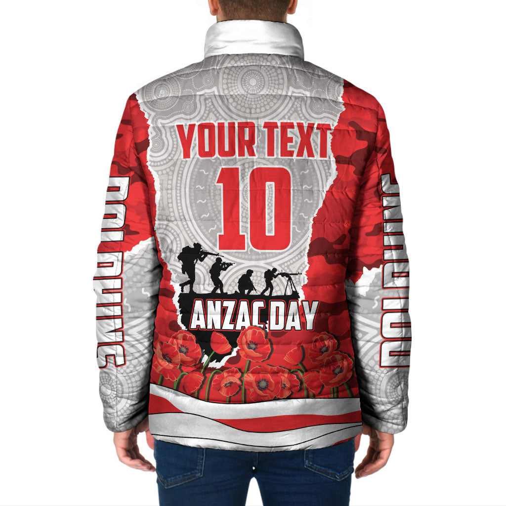 Personalized Dolphins ANZAC Tribute Padded Jacket Poppy Field Soldier Silhouette Aboriginal Rugby Mascot
