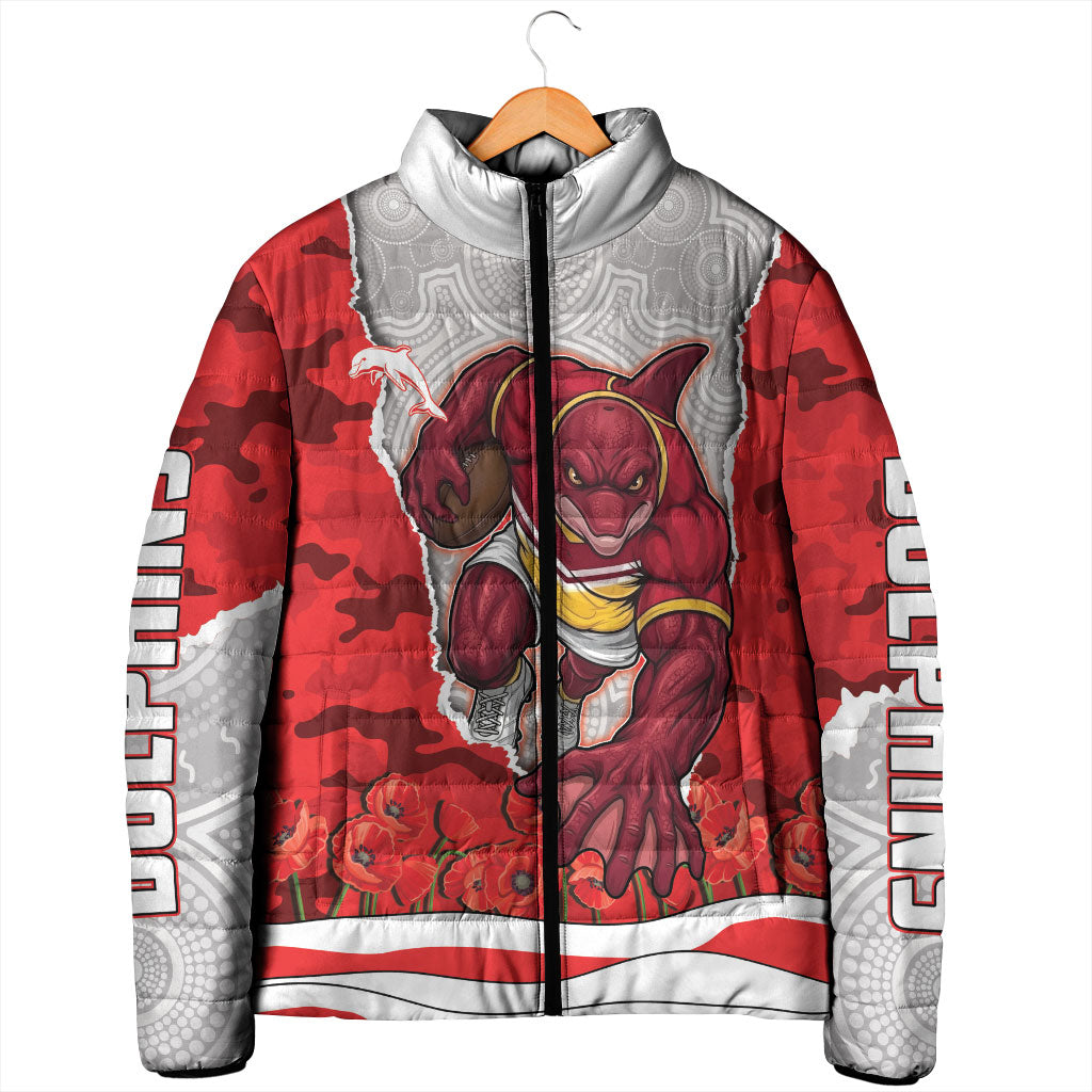 Personalized Dolphins ANZAC Tribute Padded Jacket Poppy Field Soldier Silhouette Aboriginal Rugby Mascot