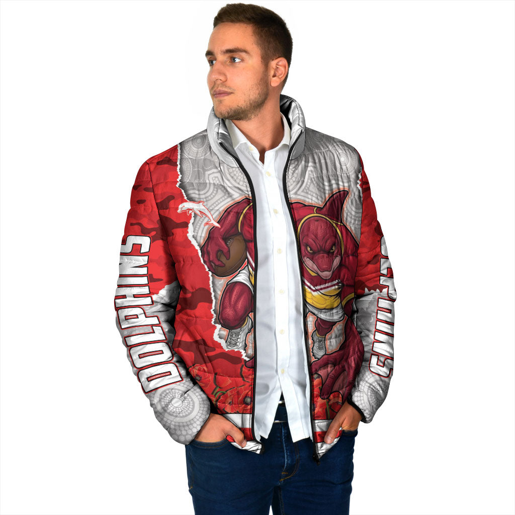 Personalized Dolphins ANZAC Tribute Padded Jacket Poppy Field Soldier Silhouette Aboriginal Rugby Mascot
