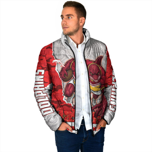 Personalized Dolphins ANZAC Tribute Padded Jacket Poppy Field Soldier Silhouette Aboriginal Rugby Mascot