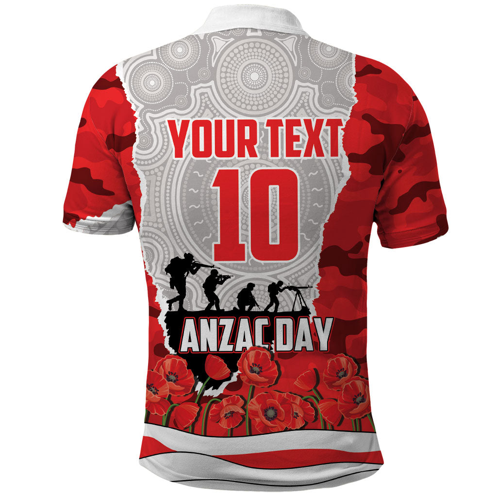 Personalized Dolphins ANZAC Tribute Polo Shirt Poppy Field Soldier Silhouette Aboriginal Rugby Mascot