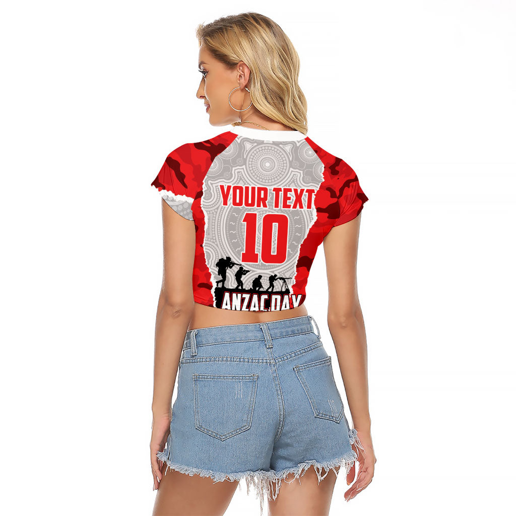 Personalized Dolphins ANZAC Tribute Raglan Cropped T Shirt Poppy Field Soldier Silhouette Aboriginal Rugby Mascot