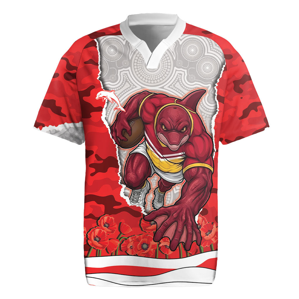 Personalized Dolphins ANZAC Tribute Rugby Jersey Poppy Field Soldier Silhouette Aboriginal Rugby Mascot