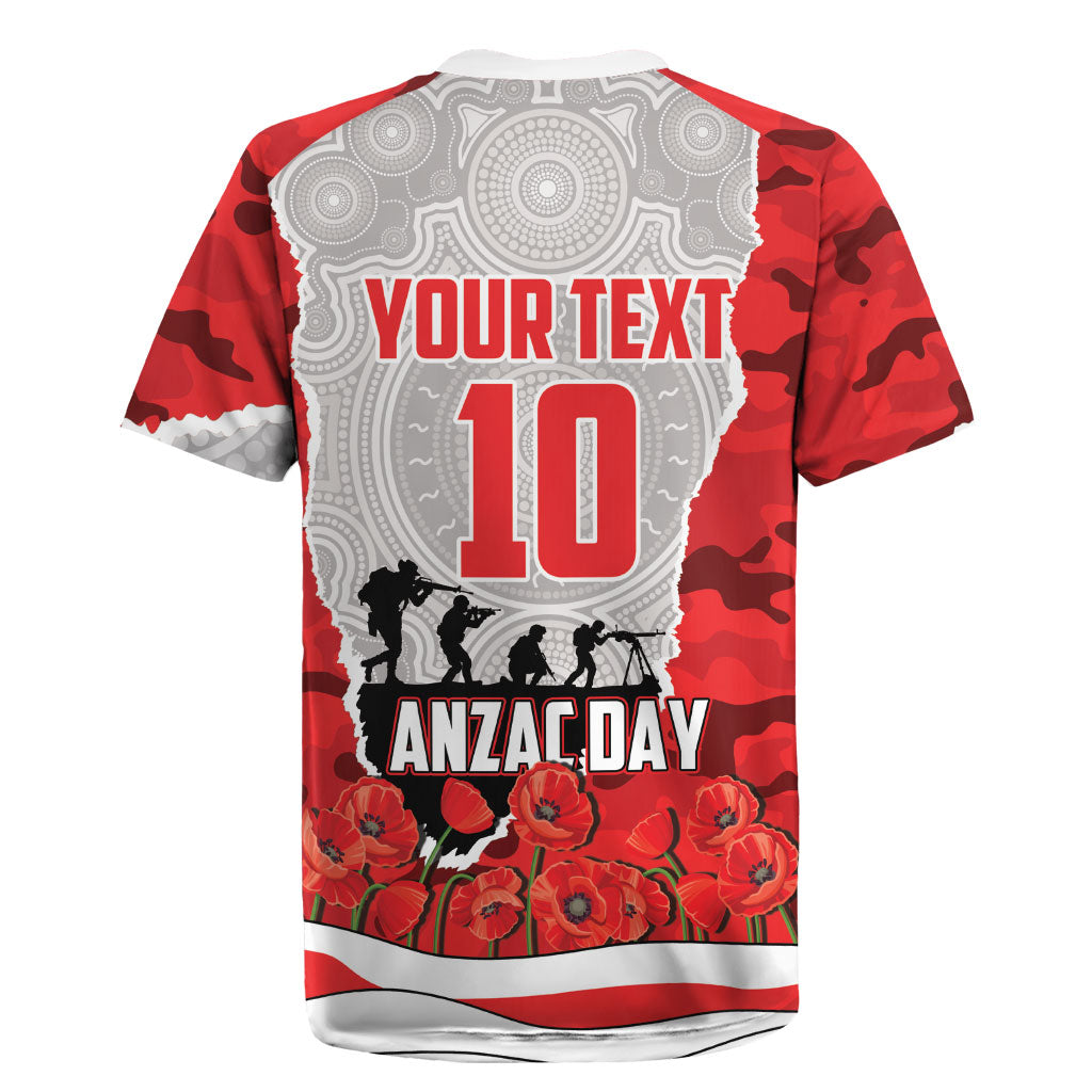 Personalized Dolphins ANZAC Tribute Rugby Jersey Poppy Field Soldier Silhouette Aboriginal Rugby Mascot