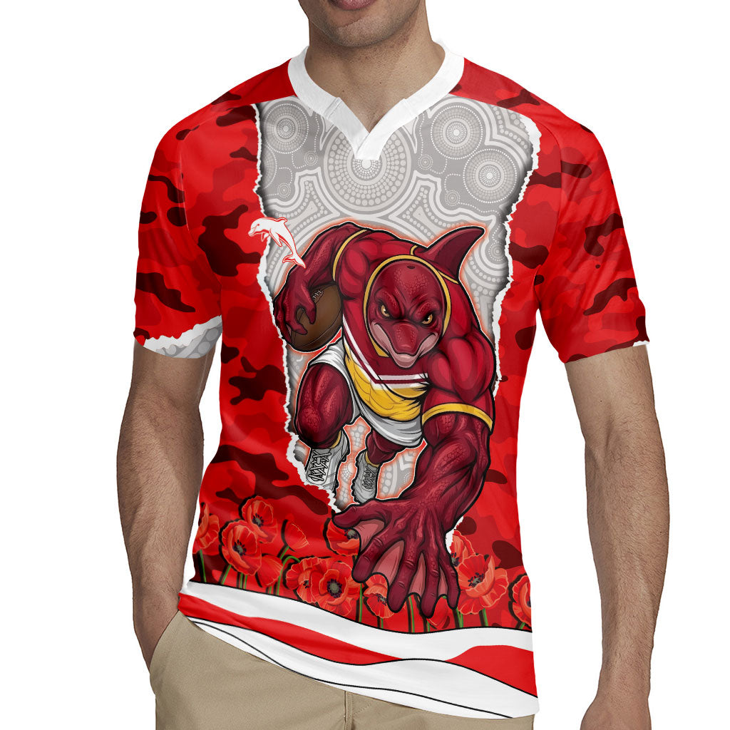 Personalized Dolphins ANZAC Tribute Rugby Jersey Poppy Field Soldier Silhouette Aboriginal Rugby Mascot