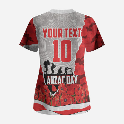 Personalized Dolphins ANZAC Tribute Scrub Top Poppy Field Soldier Silhouette Aboriginal Rugby Mascot