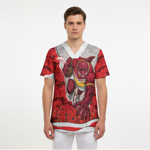 Personalized Dolphins ANZAC Tribute Scrub Top Poppy Field Soldier Silhouette Aboriginal Rugby Mascot