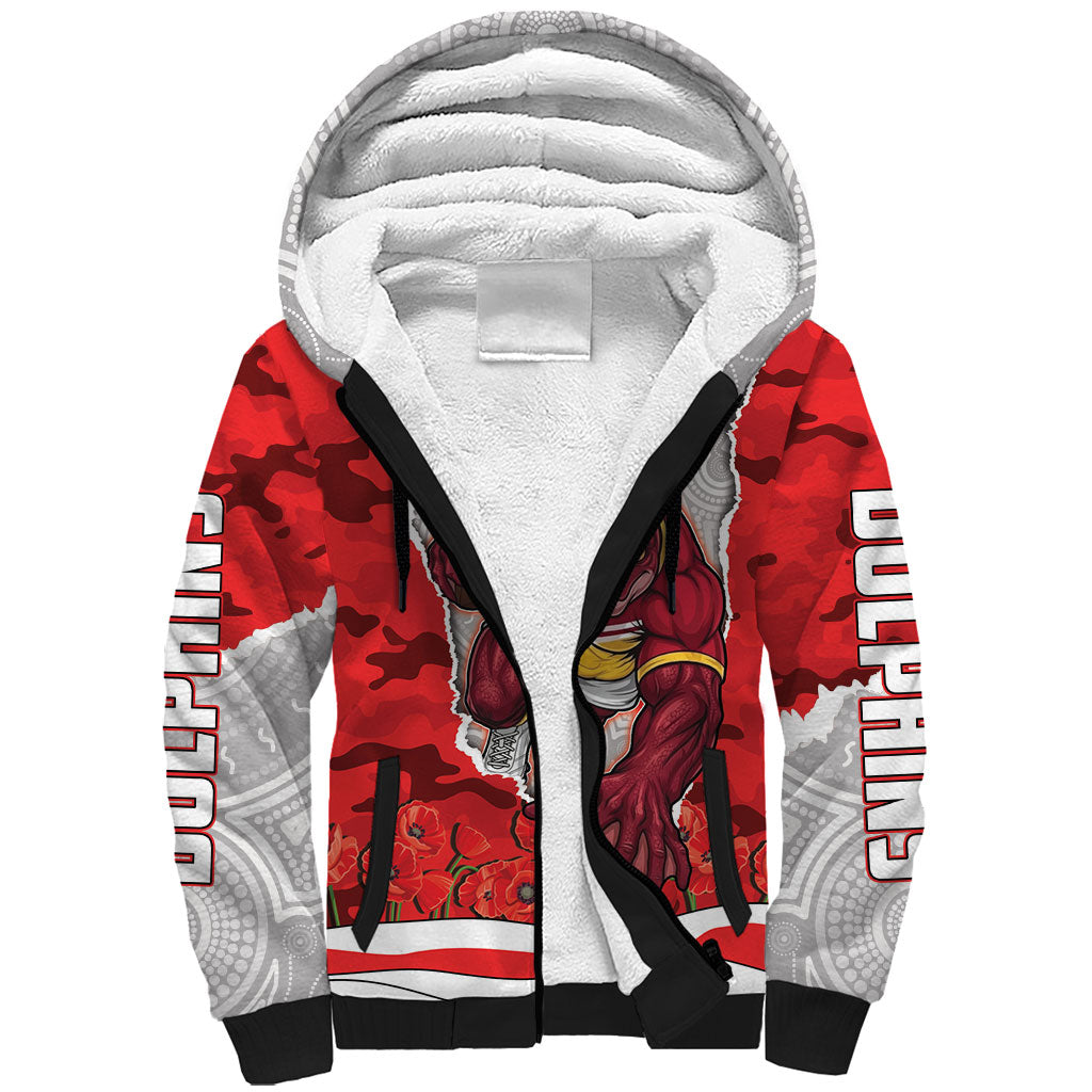 Personalized Dolphins ANZAC Tribute Sherpa Hoodie Poppy Field Soldier Silhouette Aboriginal Rugby Mascot