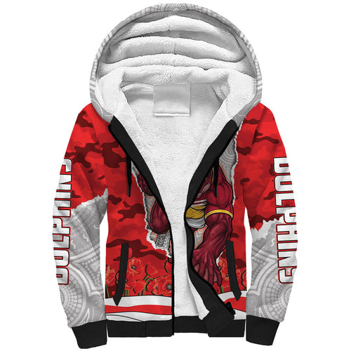 Personalized Dolphins ANZAC Tribute Sherpa Hoodie Poppy Field Soldier Silhouette Aboriginal Rugby Mascot