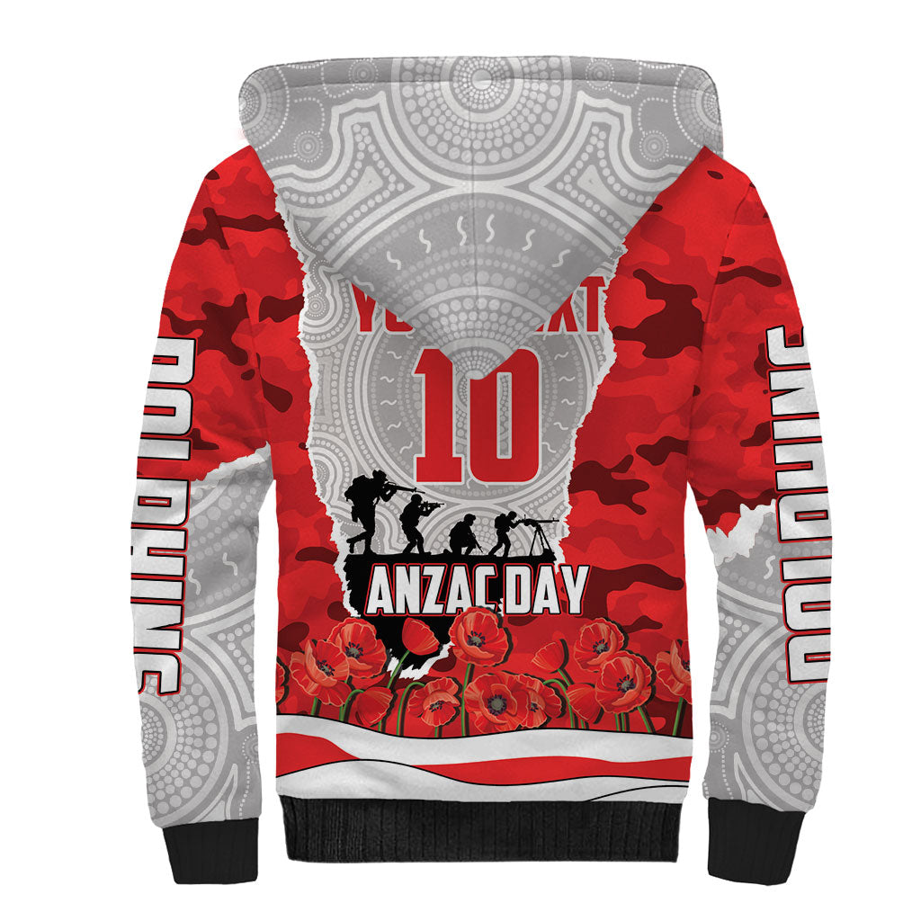 Personalized Dolphins ANZAC Tribute Sherpa Hoodie Poppy Field Soldier Silhouette Aboriginal Rugby Mascot