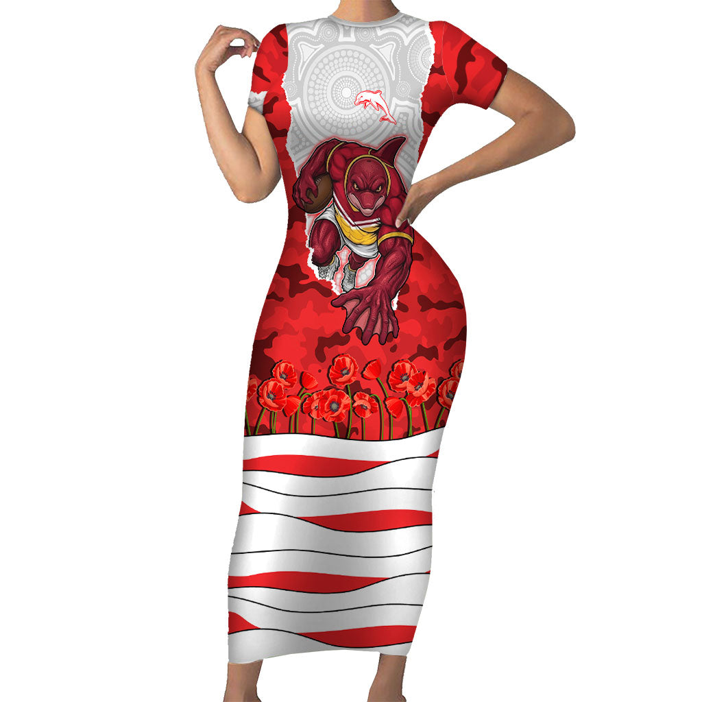 Personalized Dolphins ANZAC Tribute Short Sleeve Bodycon Dress Poppy Field Soldier Silhouette Aboriginal Rugby Mascot