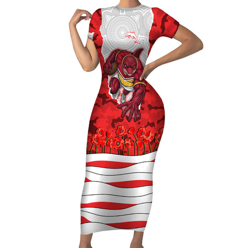 Personalized Dolphins ANZAC Tribute Short Sleeve Bodycon Dress Poppy Field Soldier Silhouette Aboriginal Rugby Mascot