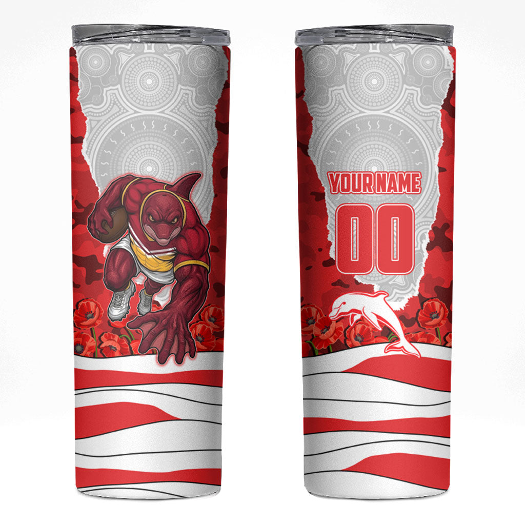 Personalized Dolphins ANZAC Tribute Skinny Tumbler Poppy Field Soldier Silhouette Aboriginal Rugby Mascot