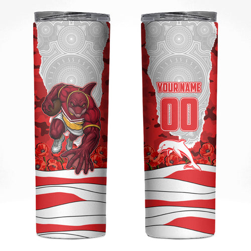 Personalized Dolphins ANZAC Tribute Skinny Tumbler Poppy Field Soldier Silhouette Aboriginal Rugby Mascot