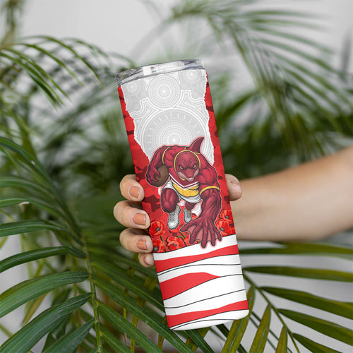 Personalized Dolphins ANZAC Tribute Skinny Tumbler Poppy Field Soldier Silhouette Aboriginal Rugby Mascot