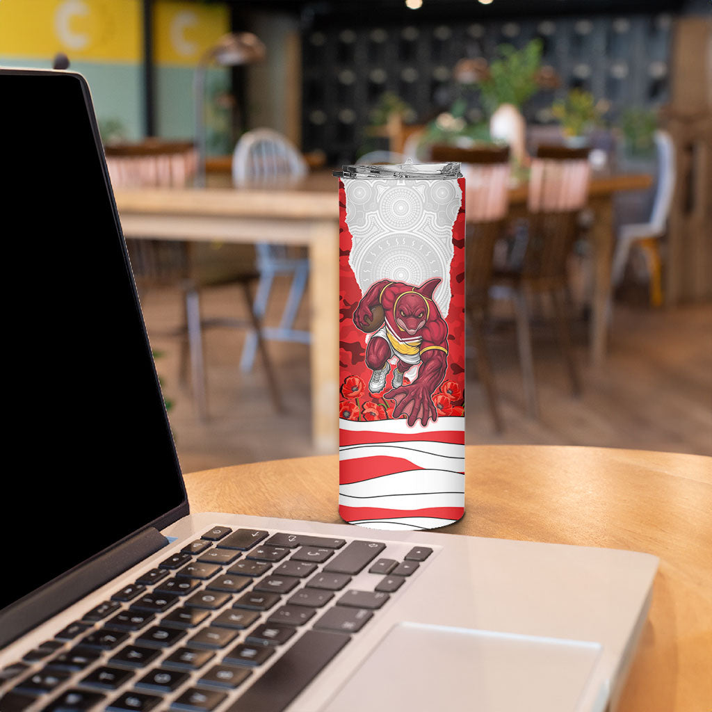 Personalized Dolphins ANZAC Tribute Skinny Tumbler Poppy Field Soldier Silhouette Aboriginal Rugby Mascot