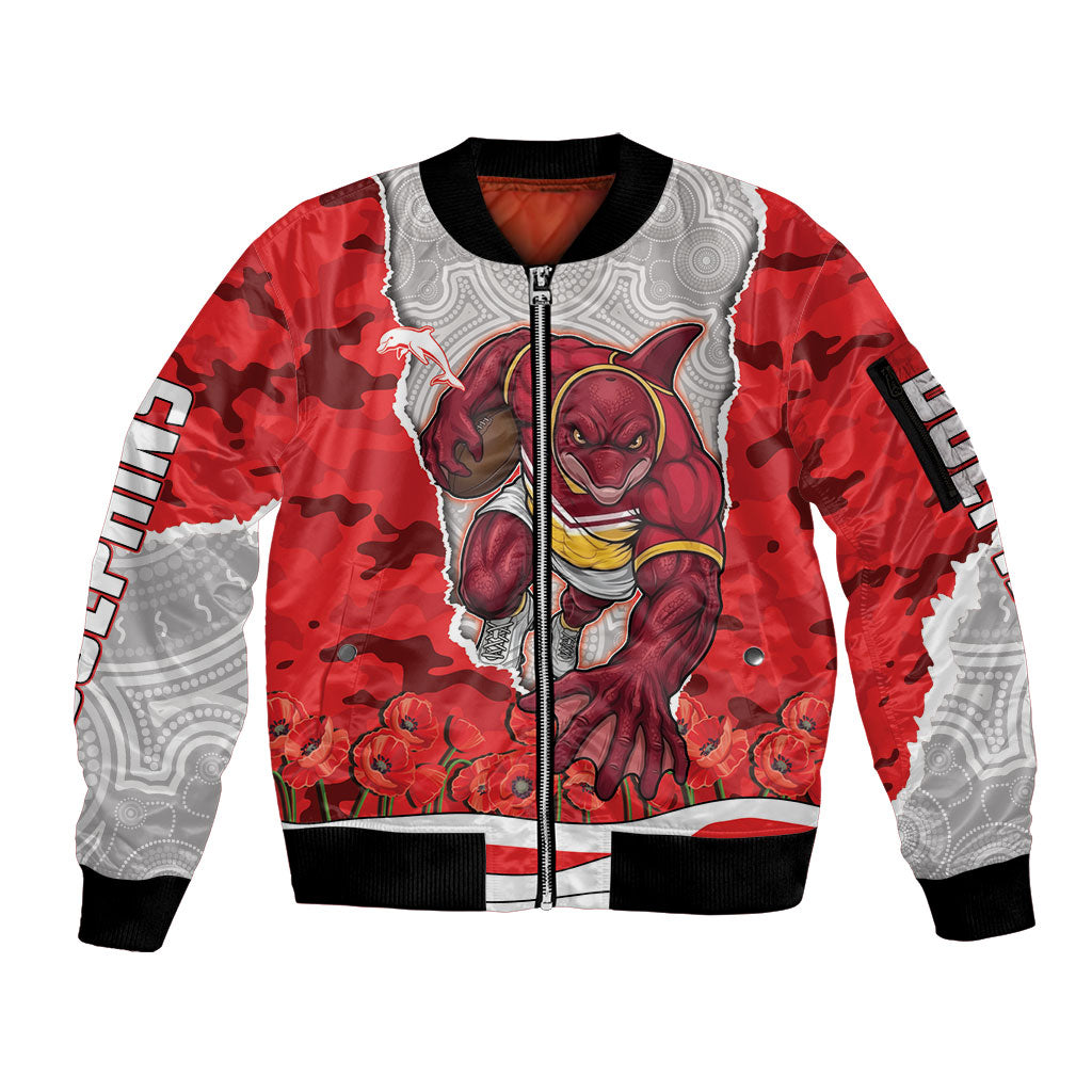 Personalized Dolphins ANZAC Tribute Sleeve Zip Bomber Jacket Poppy Field Soldier Silhouette Aboriginal Rugby Mascot