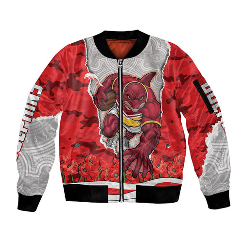 Personalized Dolphins ANZAC Tribute Sleeve Zip Bomber Jacket Poppy Field Soldier Silhouette Aboriginal Rugby Mascot