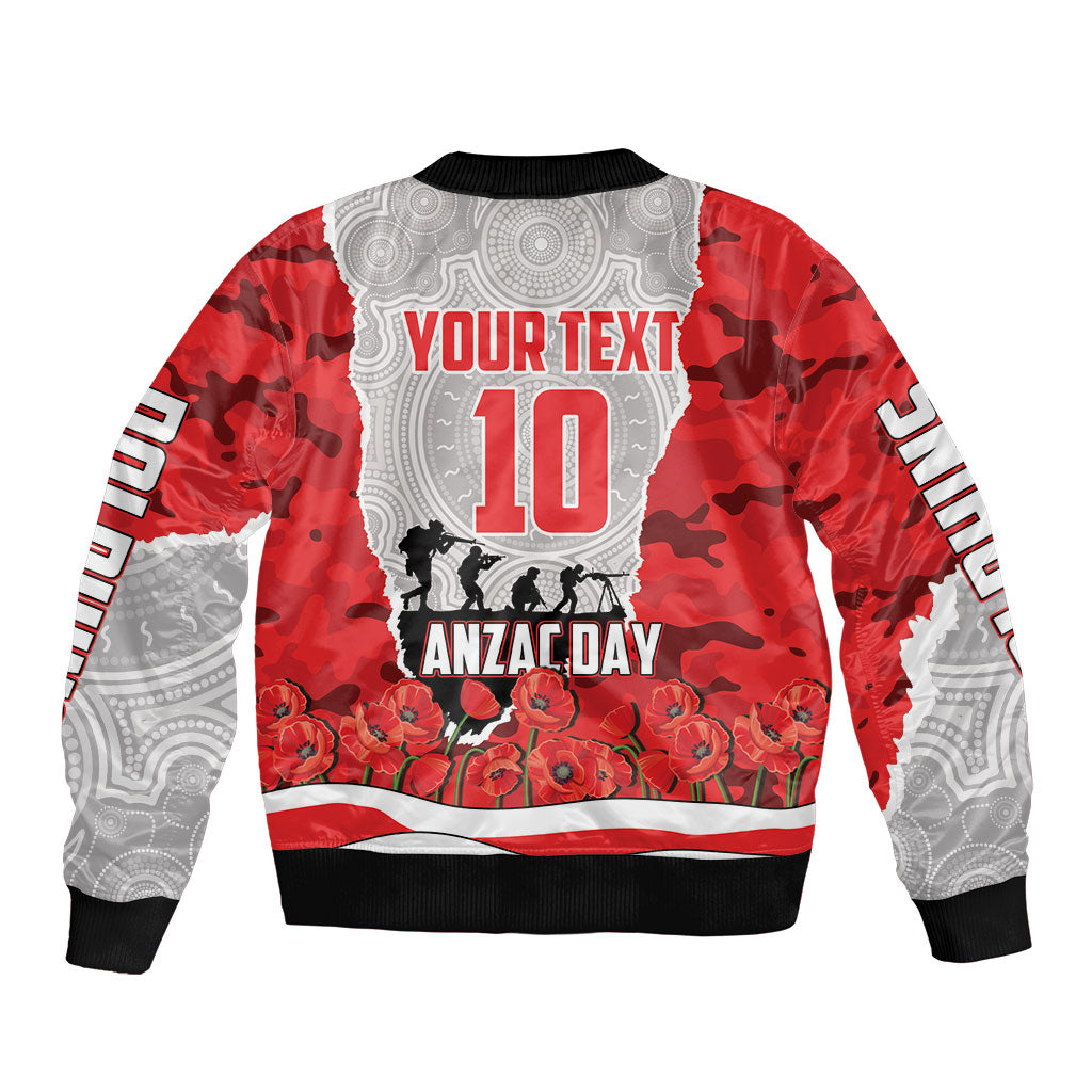 Personalized Dolphins ANZAC Tribute Sleeve Zip Bomber Jacket Poppy Field Soldier Silhouette Aboriginal Rugby Mascot