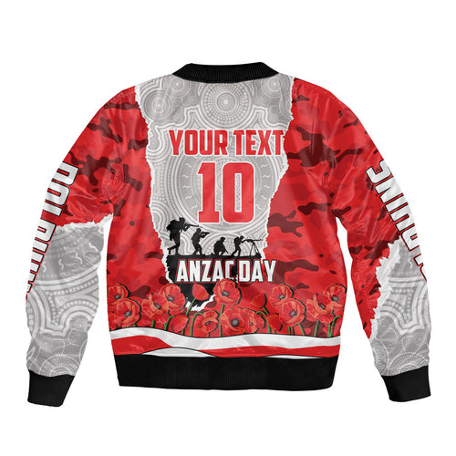 Personalized Dolphins ANZAC Tribute Sleeve Zip Bomber Jacket Poppy Field Soldier Silhouette Aboriginal Rugby Mascot