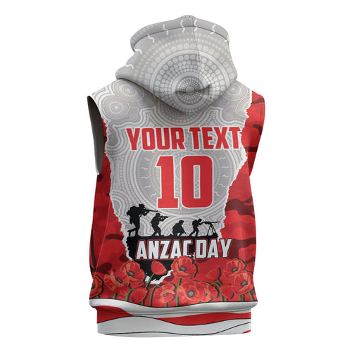 Personalized Dolphins ANZAC Tribute Sleeveless Hoodie Poppy Field Soldier Silhouette Aboriginal Rugby Mascot