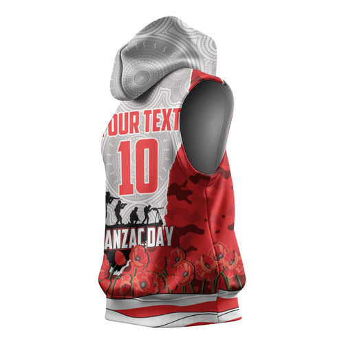 Personalized Dolphins ANZAC Tribute Sleeveless Hoodie Poppy Field Soldier Silhouette Aboriginal Rugby Mascot