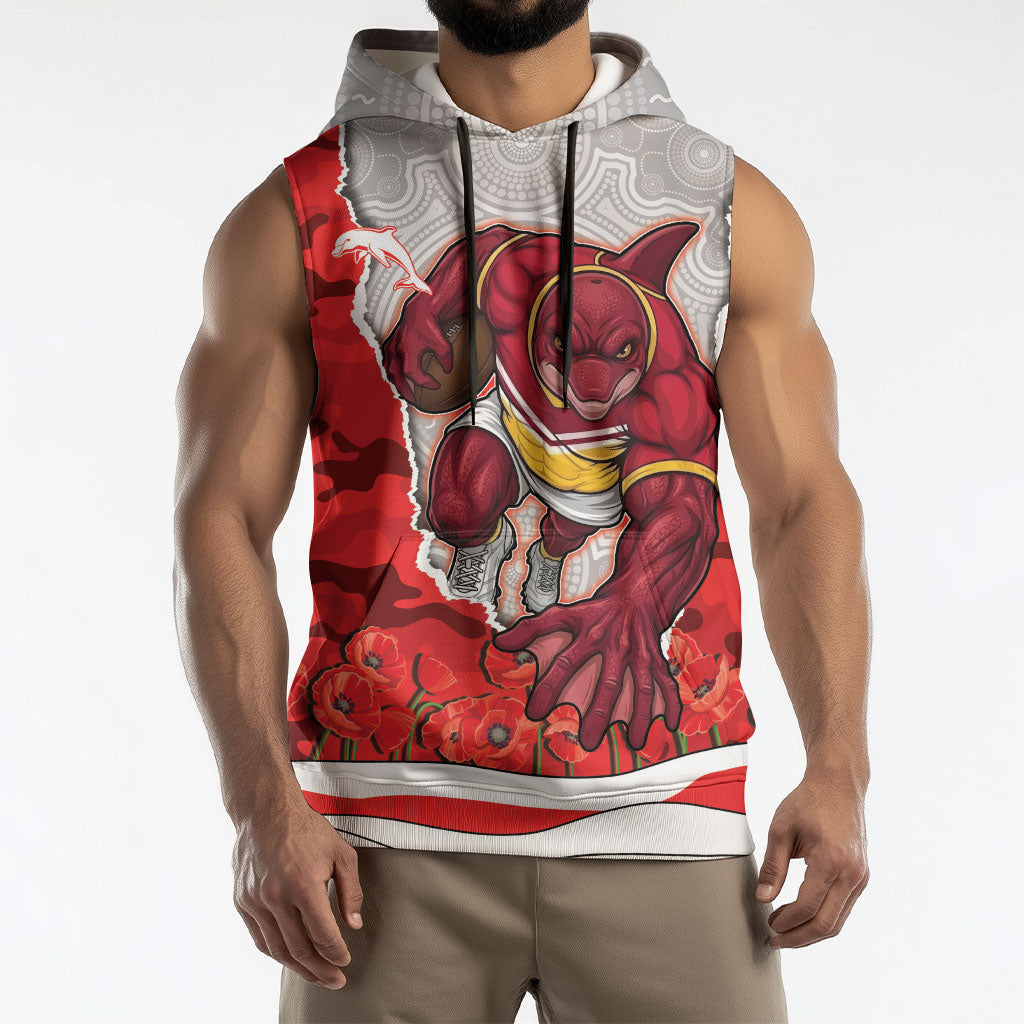 Personalized Dolphins ANZAC Tribute Sleeveless Hoodie Poppy Field Soldier Silhouette Aboriginal Rugby Mascot