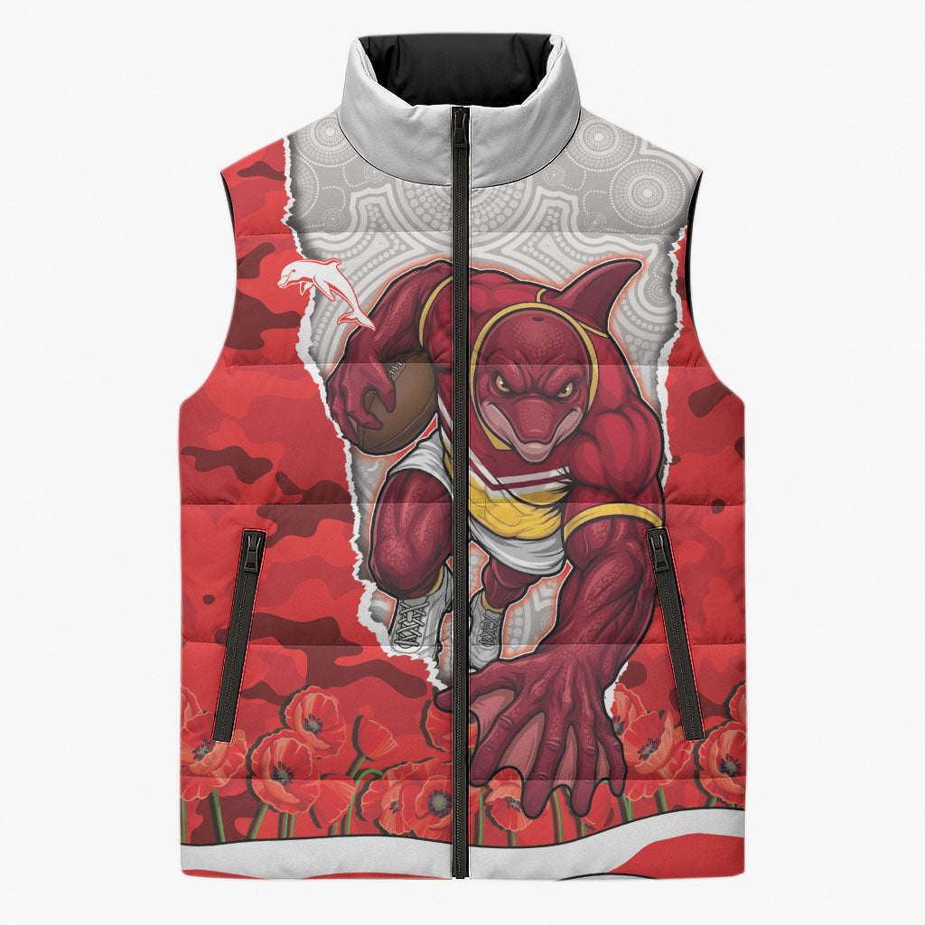 Personalized Dolphins ANZAC Tribute Sleeveless Puffer Jacket Poppy Field Soldier Silhouette Aboriginal Rugby Mascot
