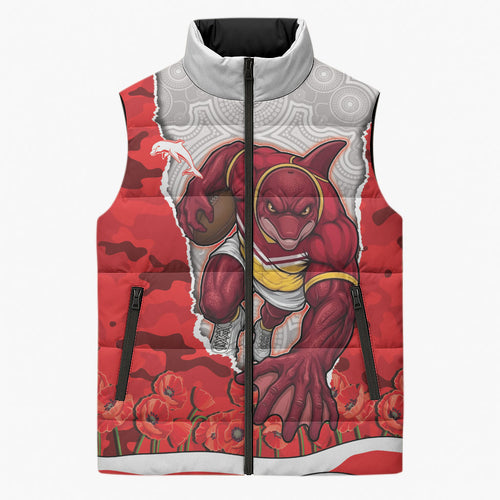 Personalized Dolphins ANZAC Tribute Sleeveless Puffer Jacket Poppy Field Soldier Silhouette Aboriginal Rugby Mascot