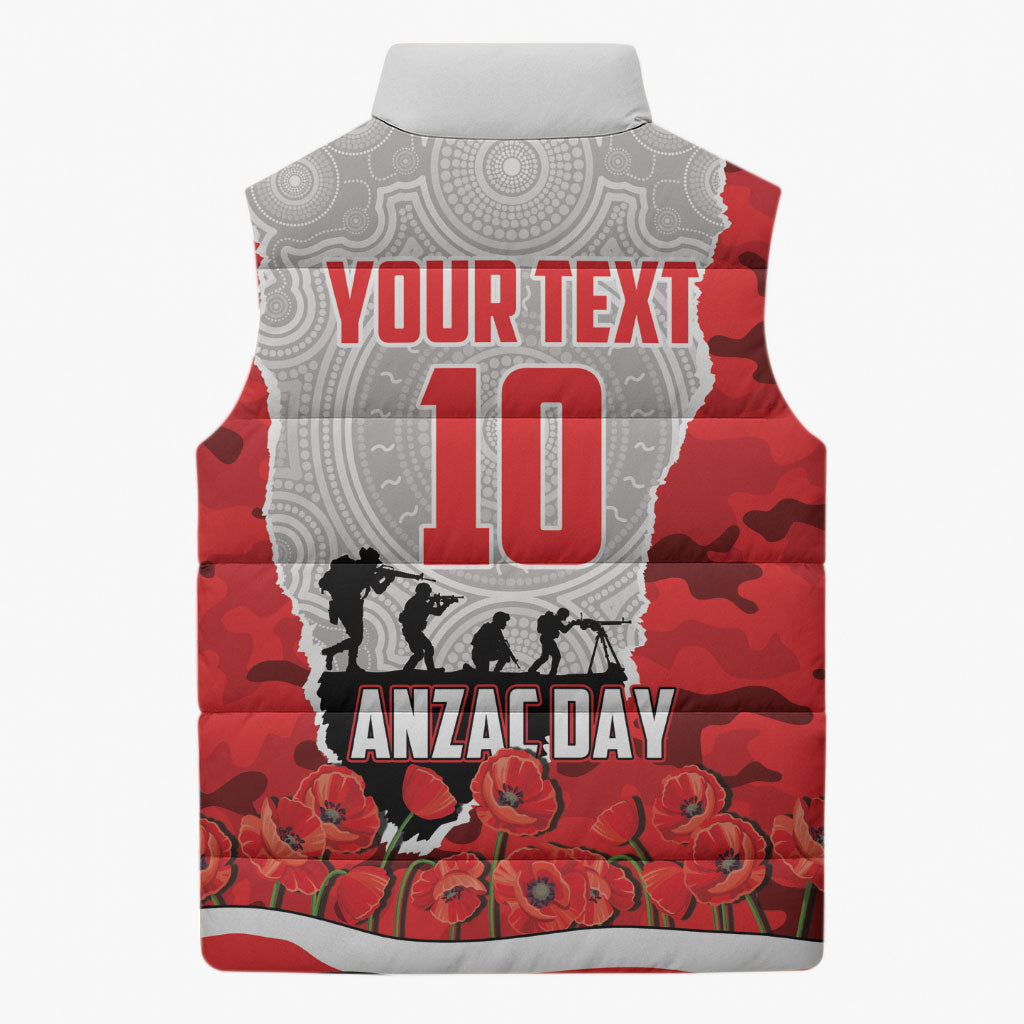 Personalized Dolphins ANZAC Tribute Sleeveless Puffer Jacket Poppy Field Soldier Silhouette Aboriginal Rugby Mascot