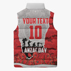 Personalized Dolphins ANZAC Tribute Sleeveless Puffer Jacket Poppy Field Soldier Silhouette Aboriginal Rugby Mascot