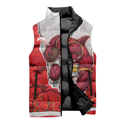 Personalized Dolphins ANZAC Tribute Sleeveless Puffer Jacket Poppy Field Soldier Silhouette Aboriginal Rugby Mascot