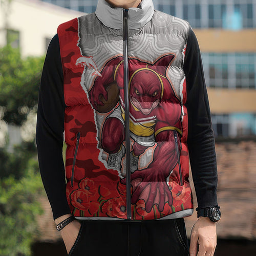 Personalized Dolphins ANZAC Tribute Sleeveless Puffer Jacket Poppy Field Soldier Silhouette Aboriginal Rugby Mascot