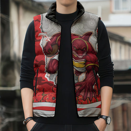 Personalized Dolphins ANZAC Tribute Sleeveless Puffer Jacket Poppy Field Soldier Silhouette Aboriginal Rugby Mascot