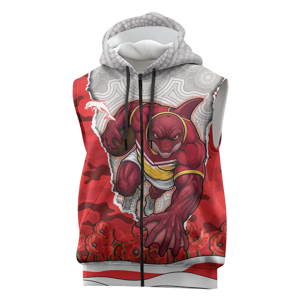 Personalized Dolphins ANZAC Tribute Sleeveless Zip Hoodie Poppy Field Soldier Silhouette Aboriginal Rugby Mascot