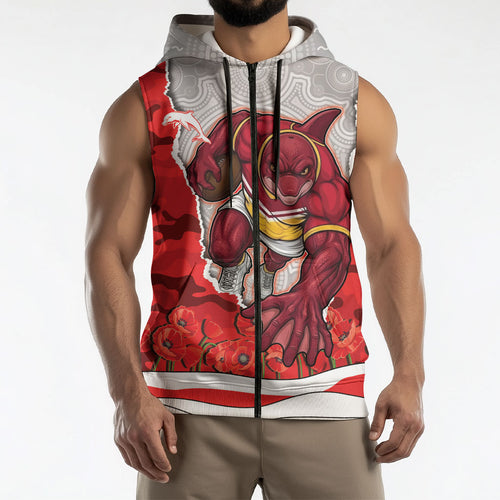 Personalized Dolphins ANZAC Tribute Sleeveless Zip Hoodie Poppy Field Soldier Silhouette Aboriginal Rugby Mascot