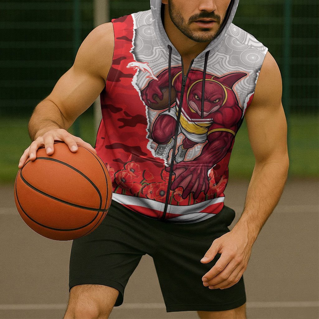 Personalized Dolphins ANZAC Tribute Sleeveless Zip Hoodie Poppy Field Soldier Silhouette Aboriginal Rugby Mascot