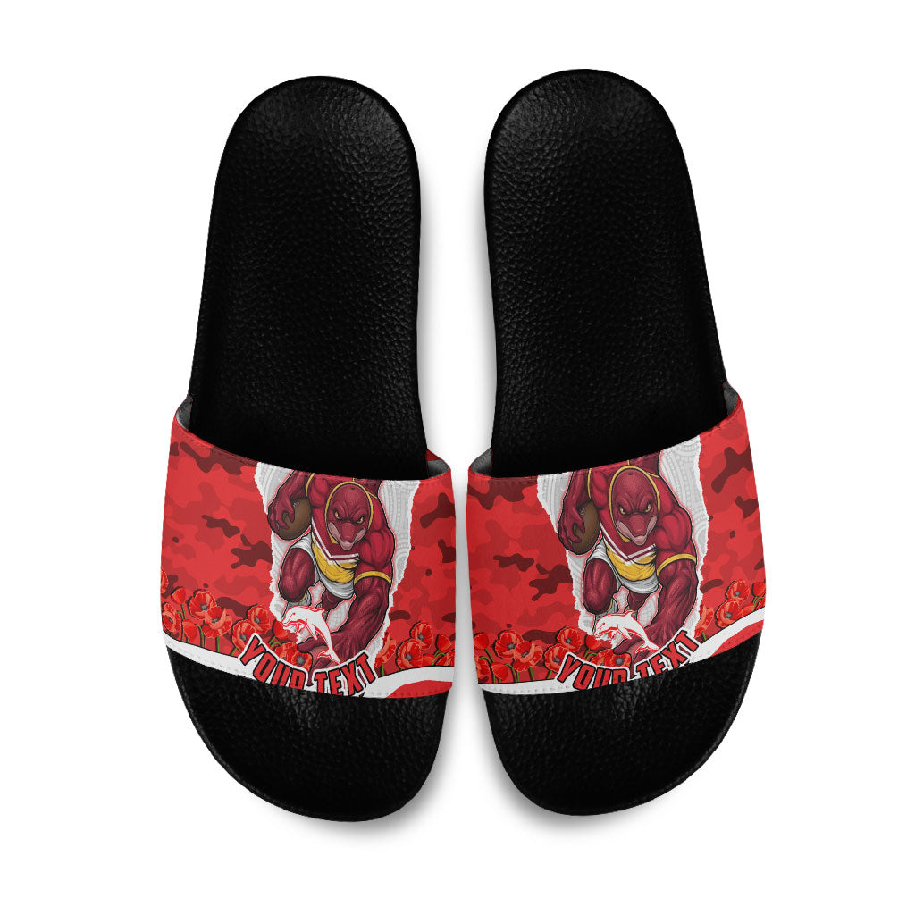 Personalized Dolphins ANZAC Tribute Slide Sandals Poppy Field Soldier Silhouette Aboriginal Rugby Mascot